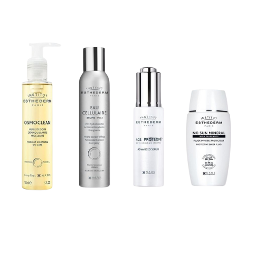 Routine beauté soleil anti-âge avec huile démaquillante, brume hydratante, sérum protecteur et écran solaire FPS50+