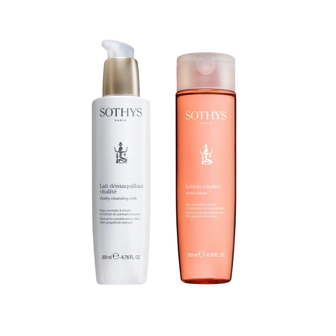 Duo lait et lotion Vitalité au pamplemousse pour peaux normales à mixtes, démaquillant et tonifiant, parfum frais hespéridé.