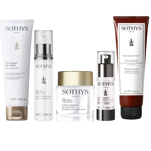 Routine coup de coeur for normal to combination skin showing set of skincare products including cleansing lotion, hydrating serum, eye cream, youth cream, and Japanese-inspired shower cream.