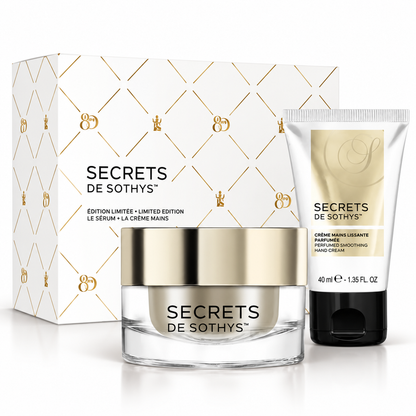 Coffret Secret Crème visage et mains Sothys, écrin blanc à motifs dorés, pots rechargeables 50 ml et 40 ml
