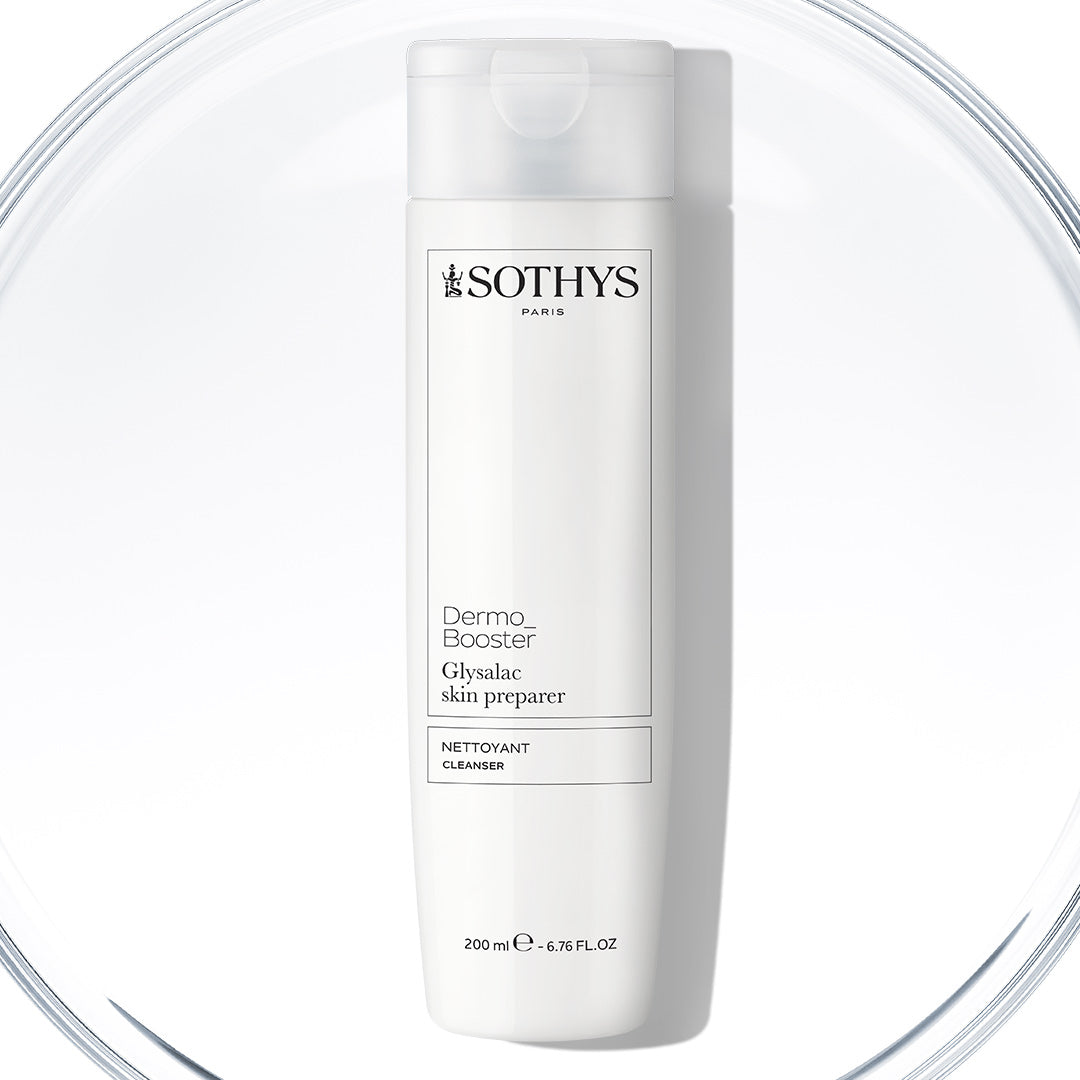 Flacon blanc Glysalac skin préparer Dermo_Booster nettoyant exfoliant doux 200 ml