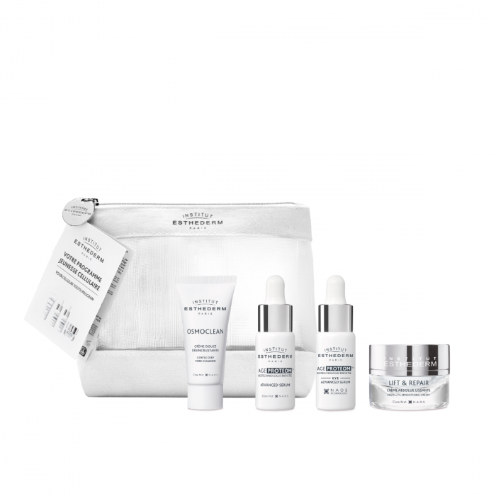 Kit découverte Jeunesse Esthederm avec crème désincrustante, sérum visage, contour des yeux et crème Lift &amp; Repair pour peau jeune et éclatante.